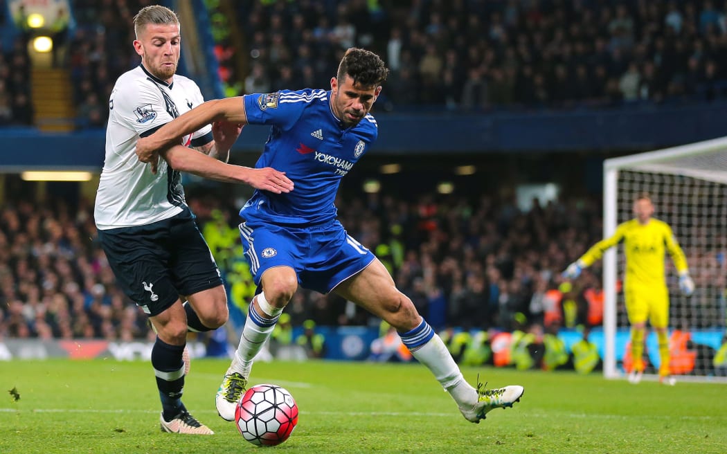 Chelsea Forward Diego Costa feels pressure from Tottenham Hotspur Defender Toby Alderweireld during a Chelsea attack