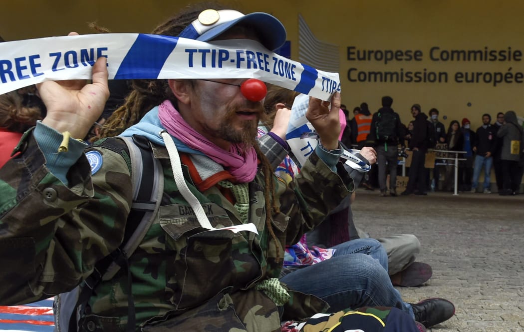 A protest against the EU-Canada Comprehensive Economic and Trade Agreement (CETA) at European Union Commission headquarters in Brussels on October 27, 2016.