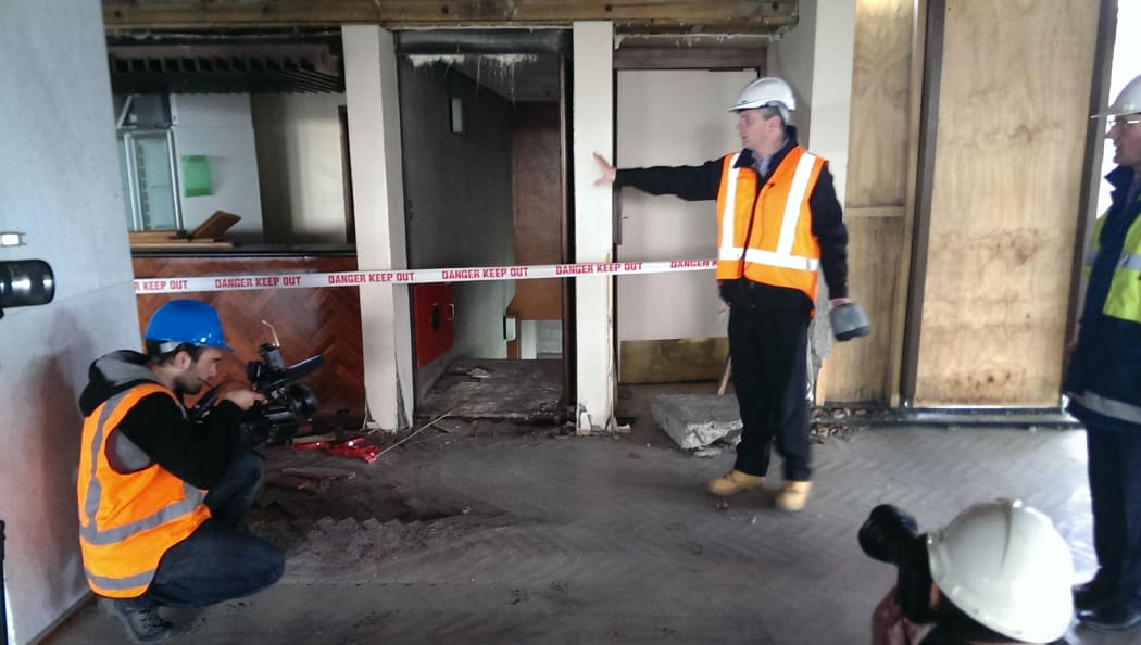 Quake damage inside the Christchurch Town Hall.