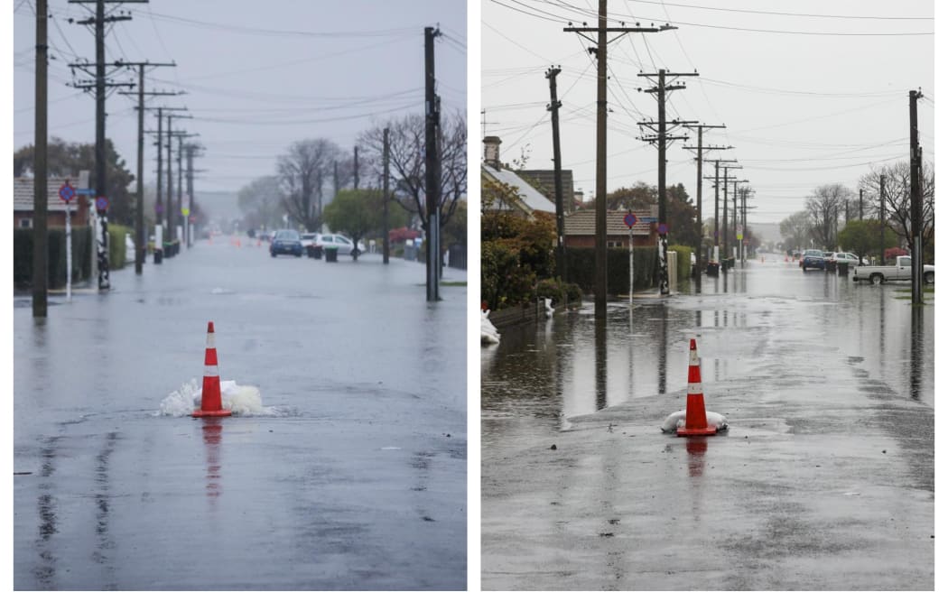Flooding on Surrey Street, South Dunedin, seen Friday morning (left) and evening (right).