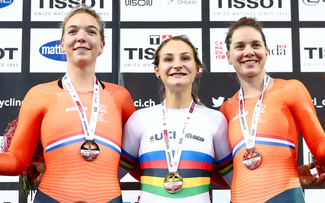 Germany's Kristina Vogel on the podium after winning the Women's Sprint final at the last year's world champs.
