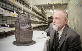 Canterbury Museum Emeritus Curator Roger Fyfe with one of the Benin Bronzes