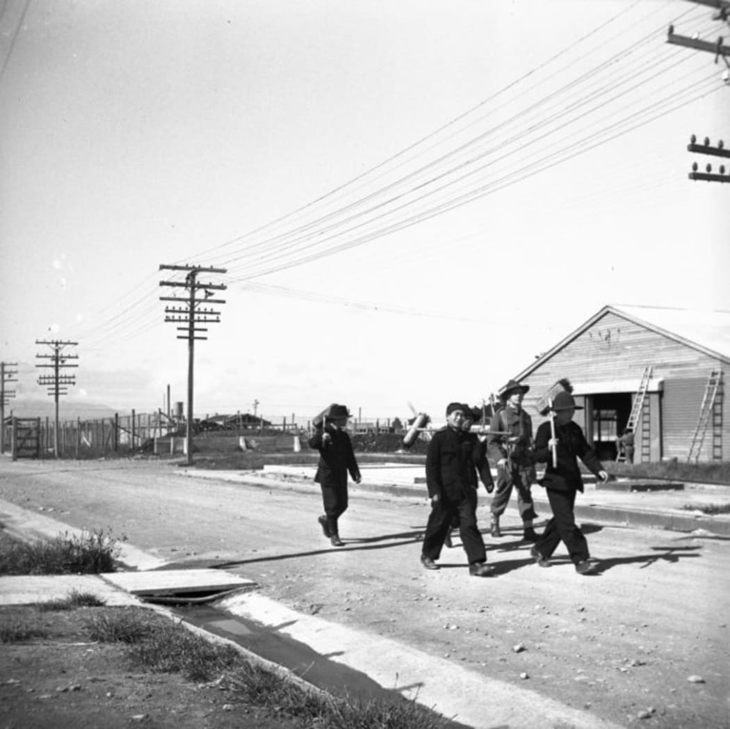 Fatigue squad on the way to work, at the Japanese prisoner of war camp near Featherston in 1943