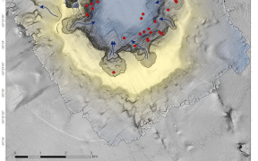 Sites of ongoing venting after the eruption shown in a scientific diagram.