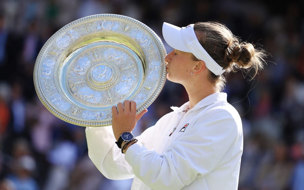 Barbora Krejcikova of the Czech Republic after winning the Wimbledon women's doubles final.