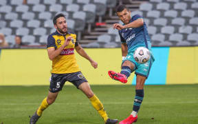 Jaushua Sotirio of the Phoenix kicks the winning goal during the A-League match against Central Coast.