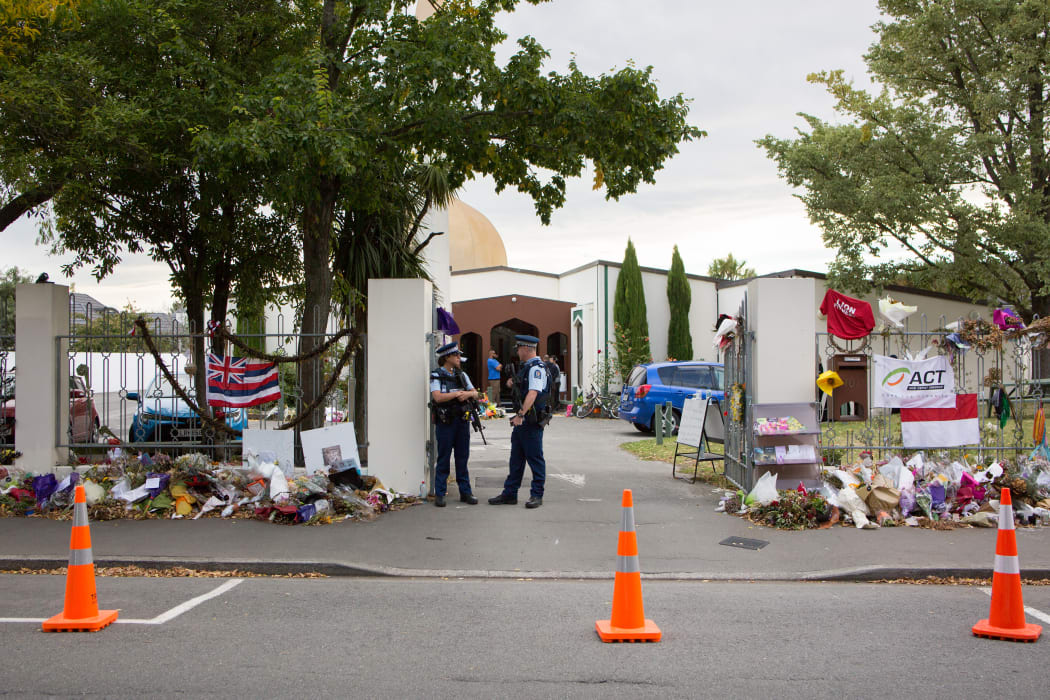 Flowers and fear surrounded Al-Noor mosque in Christchurch, New Zealand after 51 people were killed here and at Linwood mosque on 15 March, 2019.