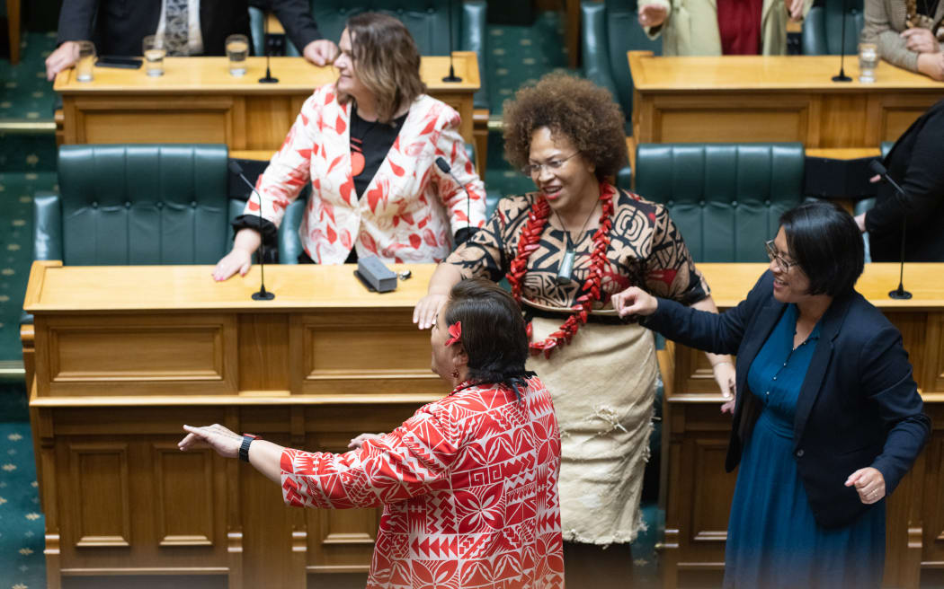 Labour MPs dance to celebrate after the parliamentary valedictory speech of Aupito William Sio, the MP for Māngere, 22 August 2023.