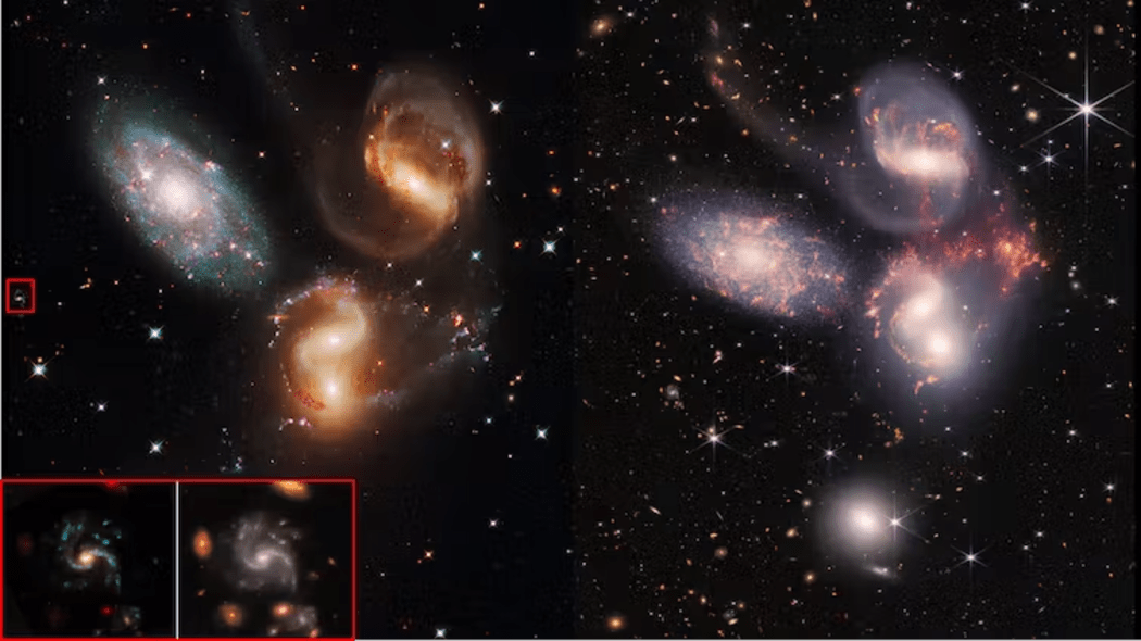 Hubble (left) and James Webb Space Telescope (right) images of the group of galaxies known as ‘Stephan’s Quintet’. The inset shows a zoom-in on a distant background galaxy.