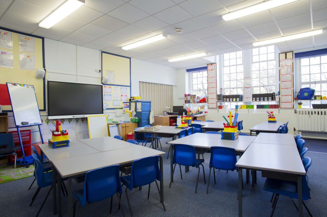 An empty primary school classroom.
