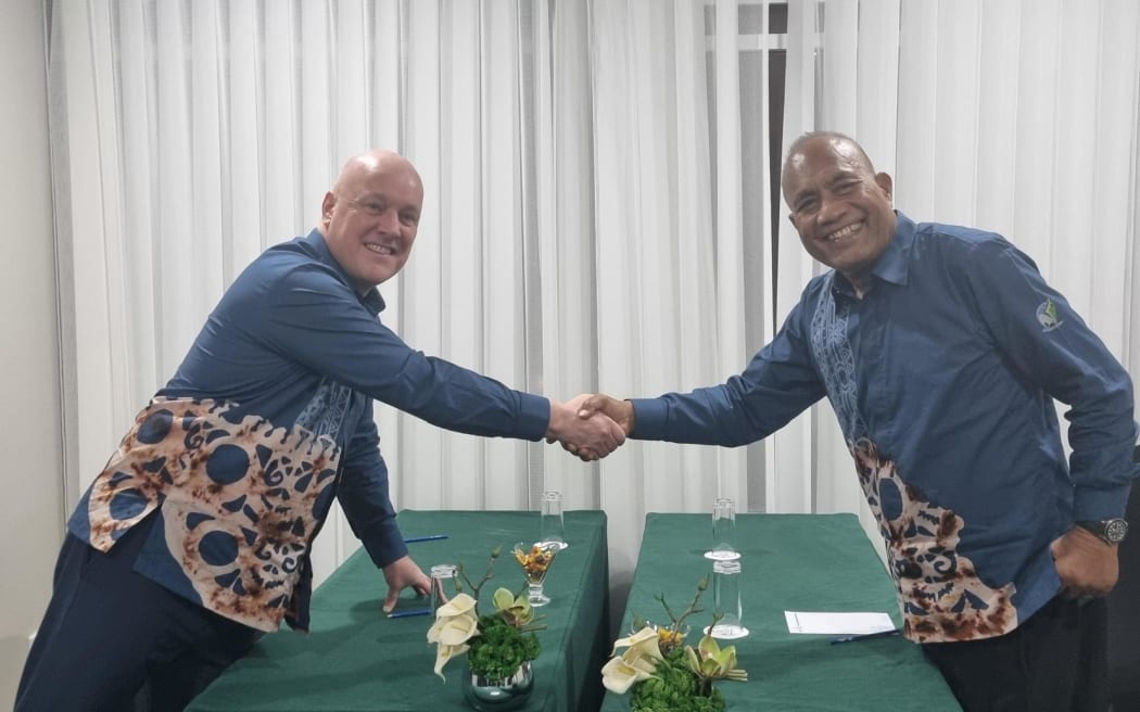New Zealand Prime Minister Christopher Luxon and Kiribati President Taneti Maamau meet on the sidelines of PIFLM54.