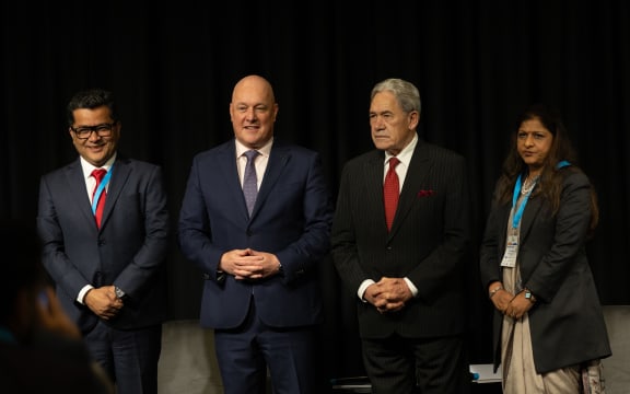Pabitra Margherita (right) with New Zealand Prime Minister Christopher Luxon, Foreign Minister Winston Peters, and Indian High Commissioner Neeta Bhushan at the India New Zealand Business Council’s summit in Auckland on Friday.