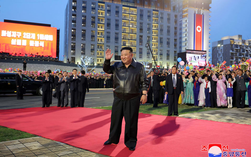 North Korean dictator Kim Jong Un taking part in a ceremony to mark the completion of a housing development in Pyongyang, on 16 April, 2024. (Released by North Korea's official Korean Central News Agency, KCNA).