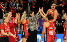 The Tactix celebrate beating the Pulse in the 2025 ANZ Premiership elimination final.