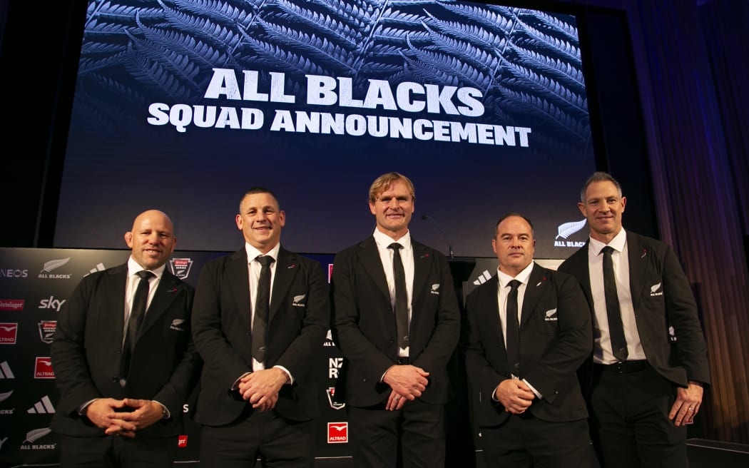 All Blacks coach Scott Robertson, centre, with coaching staff Jason Ryan,left,  Jason Holland, Scott Hansen and Leon MacDonald following the All Blacks Squad Announcement.