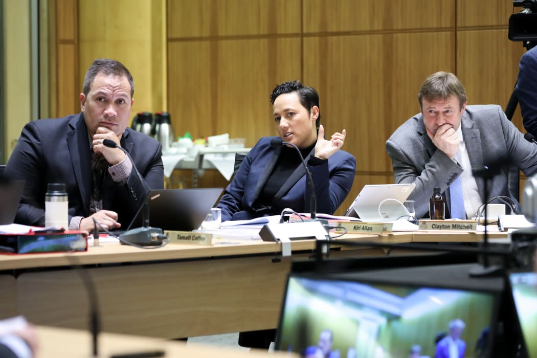 Labour MP Kiri Allan questions submitters in committee, flanked by Tamati Coffey (Labour) and Mark Patterson (NZ First)