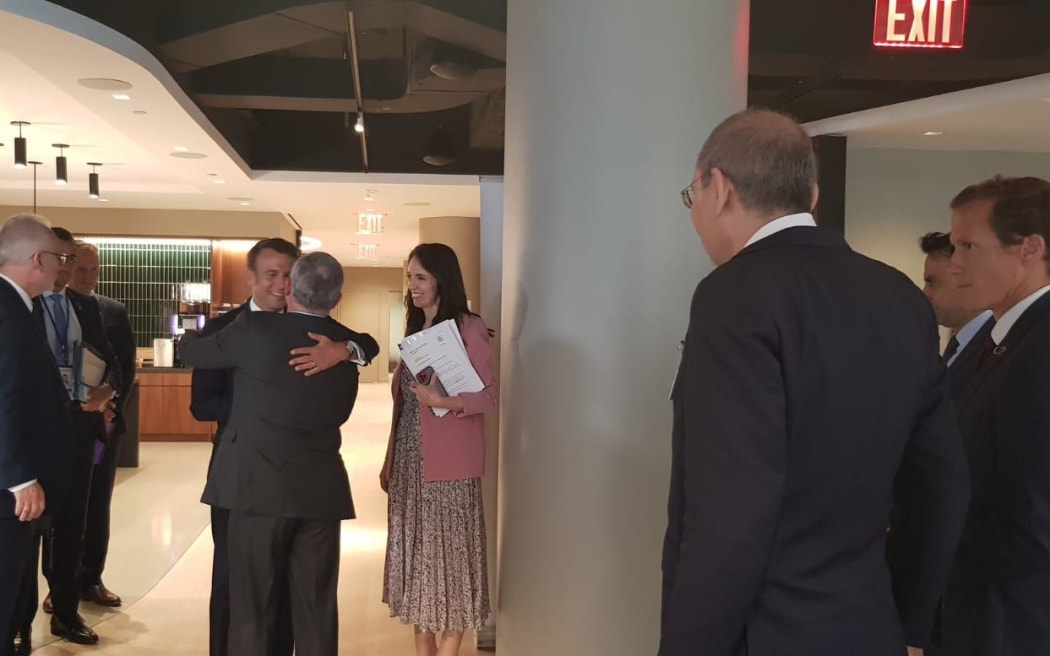 Prime Minister of New Zealand Jacinda Ardern and French President Emmanuel Macron are greeted in New York for a meeting of the Christchurch Call.
