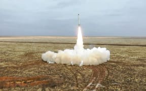 This handout video grab released by the Russian Defence Ministry on February 19, 2022, shows a Russian Iskander-K missile launching during a training launch as part of the Grom-2022 Strategic Deterrence Force exercise at an undefined location in Russia.