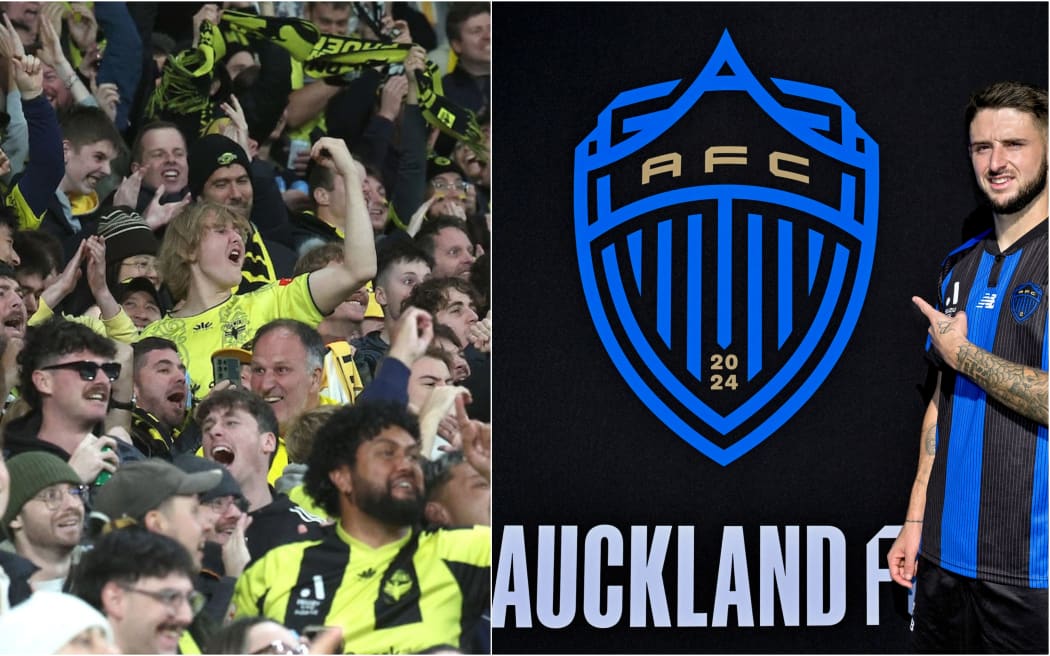 Phoenix fans and Auckland FC vice captain Jake Brimmer.