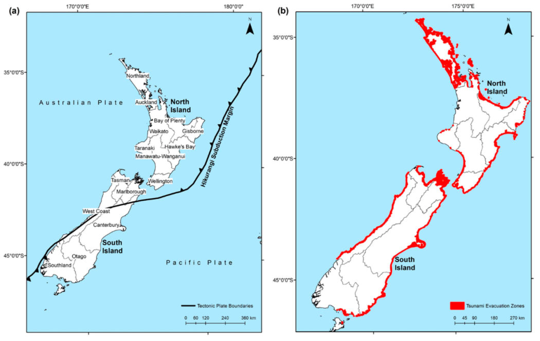 (a) New Zealand regional authority boundaries and (b) coastline coverage with mapped tsunami evacuation zones.