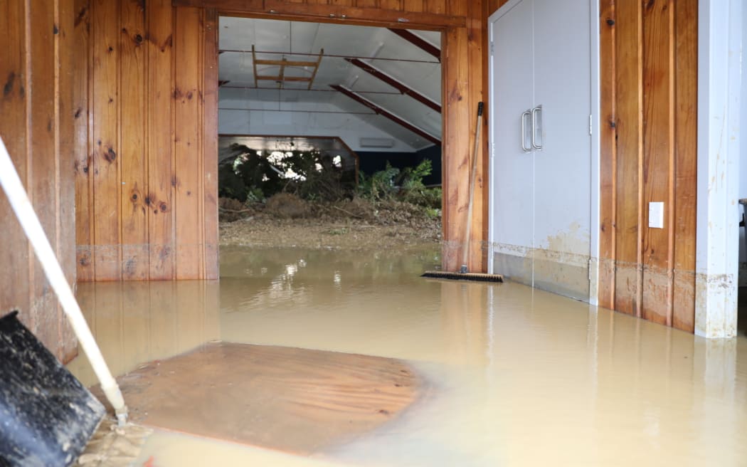 The entrance to the Oakura Community Hall which had a slip come through the back wall earlier in the week.