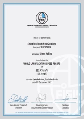Official recognition of Team New Zealand's land speed record.
