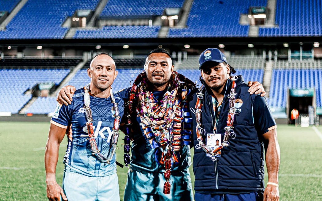 Retiring international and Moana Pasifika player Sekope Kepu (middle) with Christian Leali'ifano (left) and Solomone Funaki celebrating their win over the Waratahs in Auckland on Saturday. Photo: Moana Pasifika