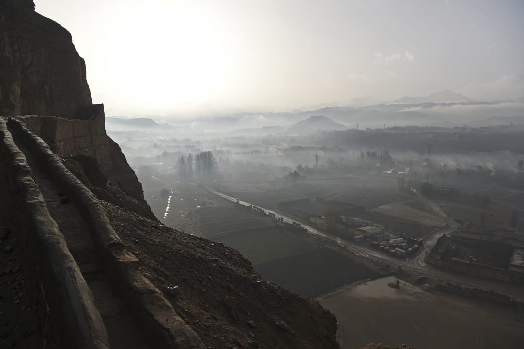 Bamiyan city seen from the hills of Salsal Buddha, the site of the Buddhas of Bamiyan statues, which were destroyed by the Taliban in 2001. March 14 2021.