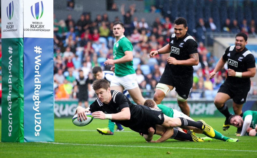 Jordie Barrett scores a try against Ireland at the Under 20 World Cup in England.