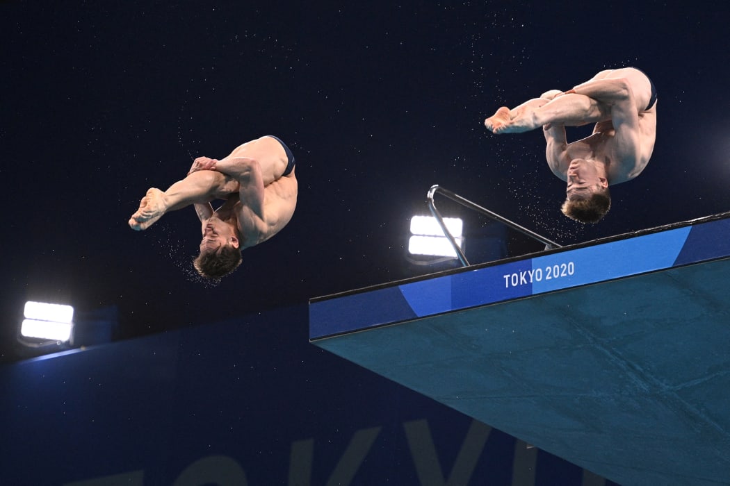 Britain's Thomas Daley and Matty Lee compete in the men's synchronised 10m platform diving final event during the Tokyo 2020 Olympic Games at the Tokyo Aquatics Centre in Tokyo on 26 July,  2021.
