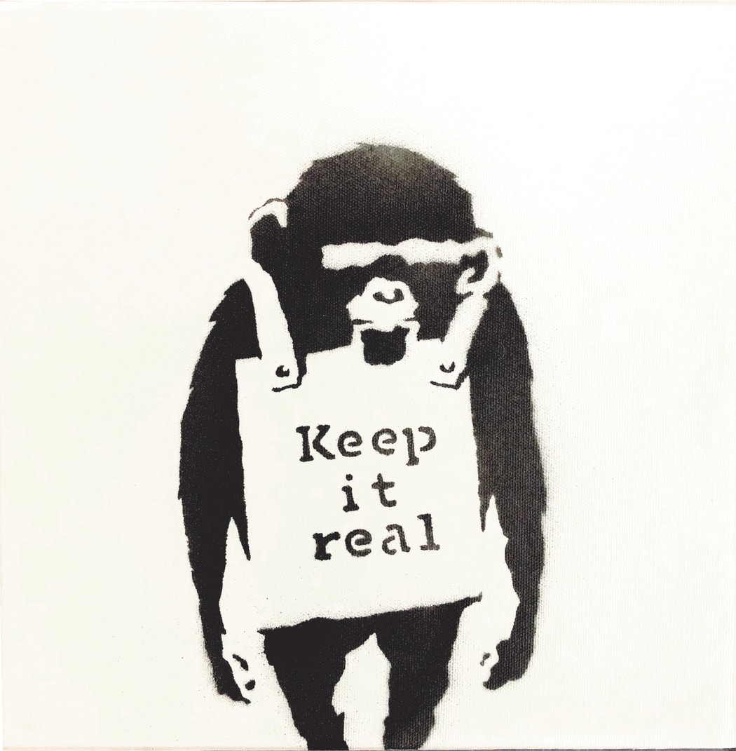The 30cm square Banksy painting 'Keep it real' sold for $1.7 million in Auckland making it the most expensive work by a contemporary artist ever sold in New Zealand.