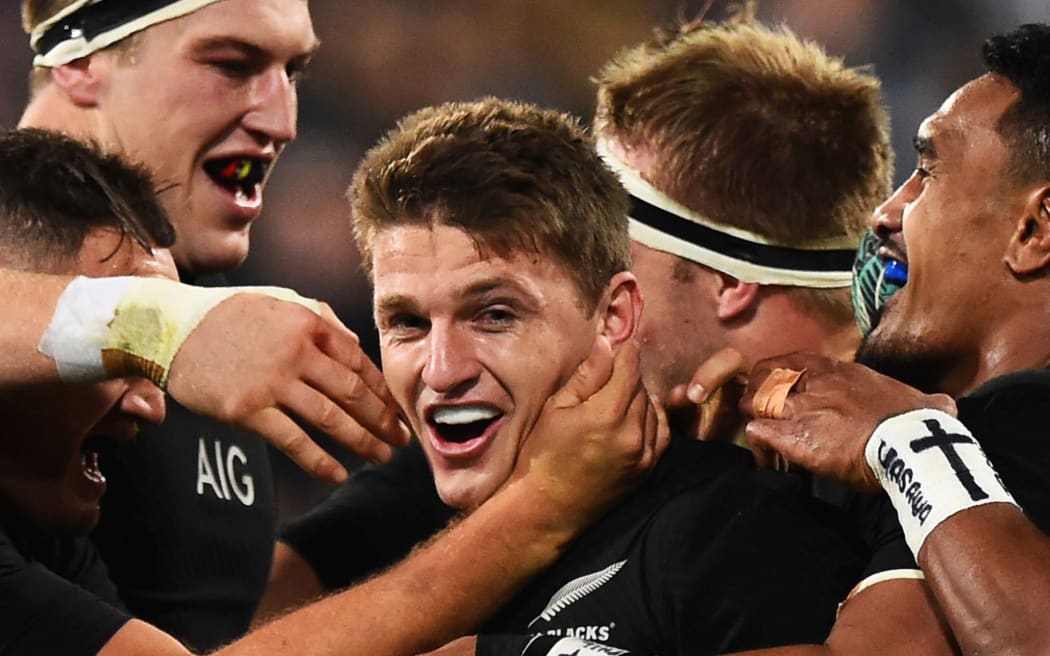 The All Blacks celebrate Beauden Barrett's try against Wales in Wellington.