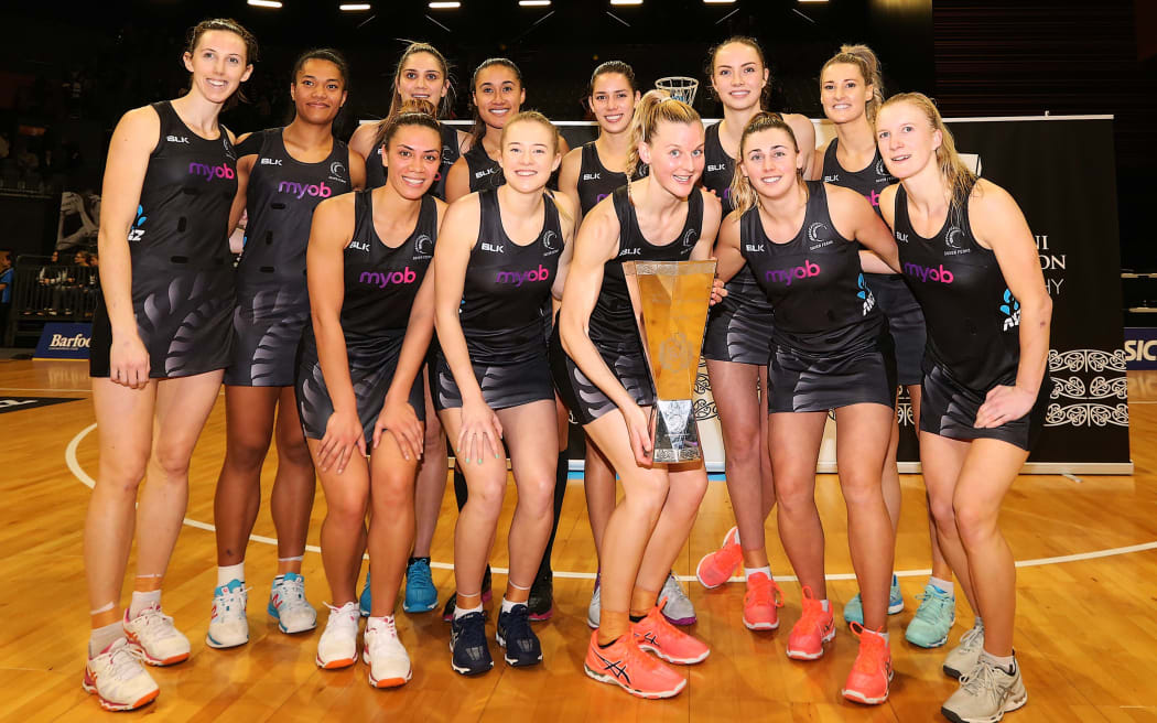 The Silver Ferns after winning the Taini Jamison Trophy series against England.