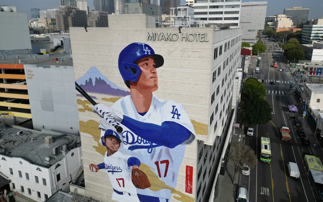 A mural showing Los Angeles Dodgers player Shohei Ohtani on the Miyako Hotel in Little Tokyo in downtown Los Angeles.