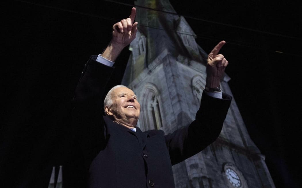 US President Joe Biden arrives to deliver a speech at Saint Muredach's Cathedral in Ballina, on April 14, 2023, on the last day of a four day trip to Northern Ireland and Ireland.