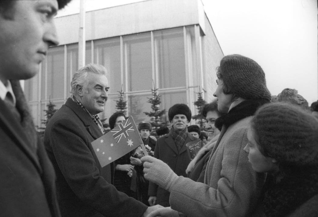 Australian Prime Minister Edward Gough Whitlam, second left, leaving Moscow from the Vnukovo Airport.