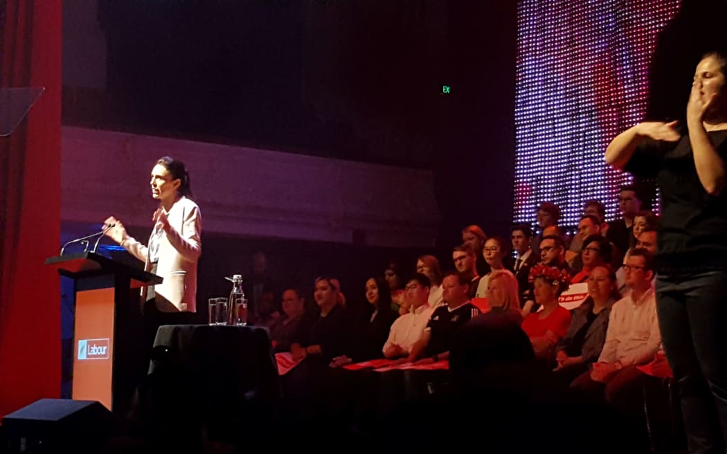 Jacinda Ardern speaking to about 2200 supporters at the Auckland Town Hall.