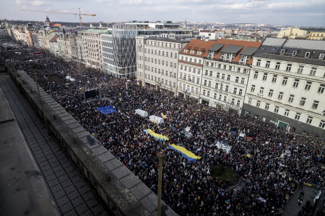 People gather in Prague's Wenceslas Square to demonstrate for peace in Ukraine on 27 February, 2022.