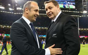 Philippe Saint-Andre and New Zealand coach Steve Hansen after their 2015 Rugby World Cup quarterfinal.
