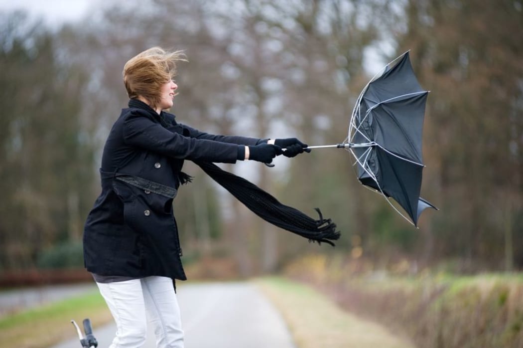 woman with umbrella blown inside out