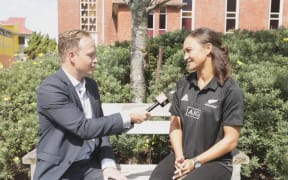 RNZ reporter Joe Porter interviews Black Ferns player Lesley Ketu