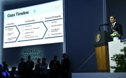 US businessman Jared Kushner speaks as a “Gaza Timeline” is displayed on a giant screen at the “Board of Peace” meeting during the World Economic Forum (WEF) annual meeting in Davos on January 22, 2026. US President Donald Trump will show off his new “Board of Peace” at Davos on January 22, 2026 burnishing his claim to be a peacemaker a day after backing off his own threats against Greenland. Originally meant to oversee the rebuilding of Gaza after the war between Hamas and Israel, the board’s charter does not limit its role to the Strip, and has sparked concerns that Trump wants it to rival the United Nations.