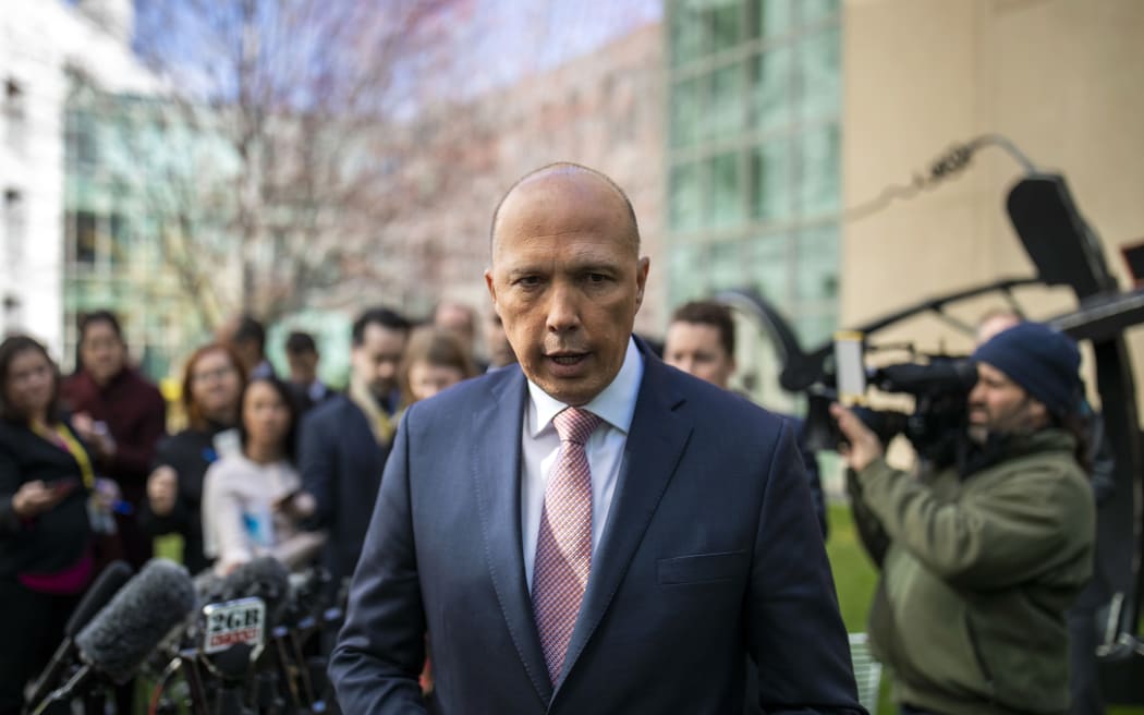 Australia's former home affairs minister, Peter Dutton, faces the media at a press conference in Canberra on August 21, 2018.