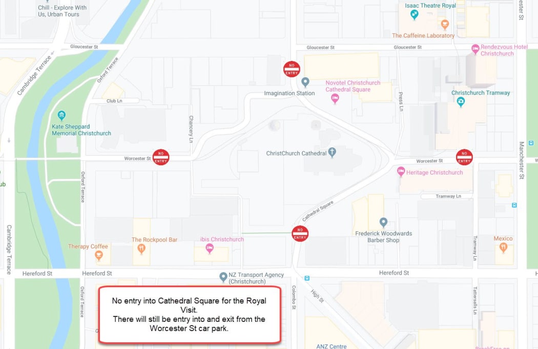This map shows the road closures that will be in place around Cathedral Square for the Royal visit on Friday.