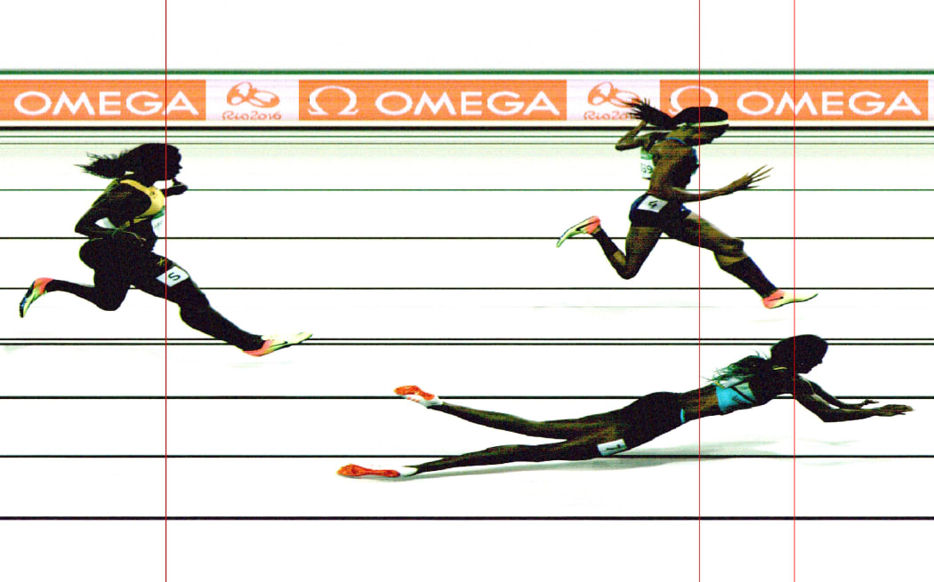 The photo finish - released by Omega - shows Shaunae Miller crossing the line ahead of Allyson Felix and Shericka Jackson.