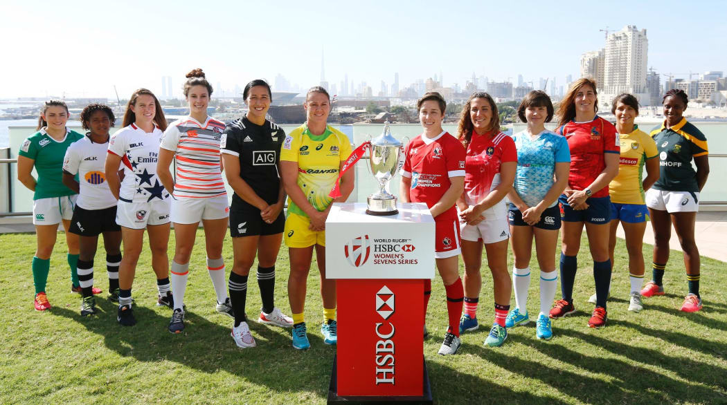 Fiji's Ana Maria Roqica lines up with the women's captains at the Dubai 7s.