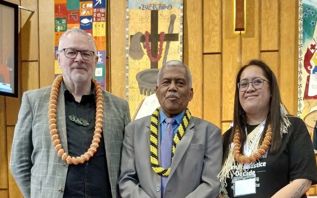 The President of the Methodist Church of Fiji and Rotuma, Rev Dr Semisi Turagavou (middle) is flanked by the Vice President of the Methodist Church of New Zealand, Rev Peter Norman and the President of the Methodist Church of New Zealand, Ms Te Aroha Rountree at the Tarnaki Wesley Parish in Wellington. Photo: Taranaki Wesley Parish