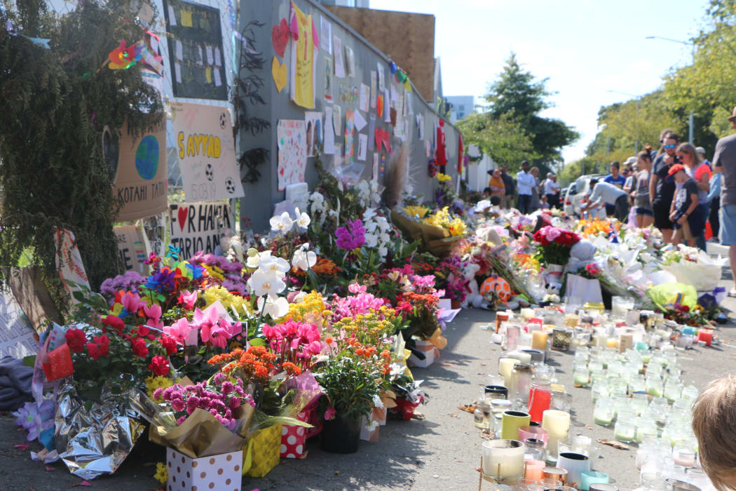 Tributes and flowers left outside Al-Noor Mosque in Christchurch after the terror attacks.