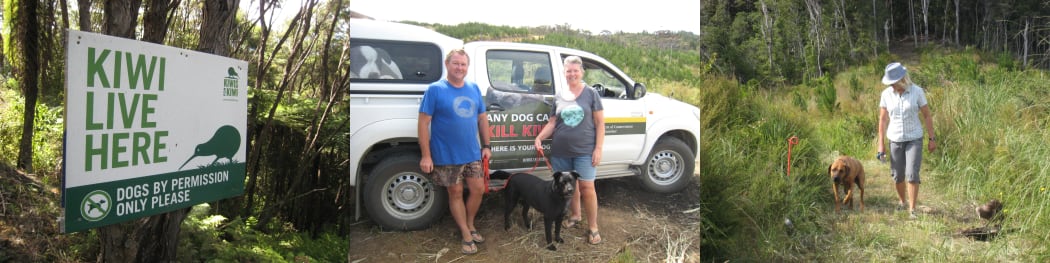 Sheila and Chris Westley, pictured in the middle with their dog Missy who has undergone the aversion training, keep a clear sign at the entrance to their property. On the right, Coromandel holidaymaker Adele Anderson takes her Ridgeback dog Rocky through the training.
