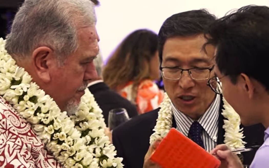 thumbnail_French Polynesia President Moetai Brotherson and Chinese Consul Lixiao Tian speaking during Chinese party celebrating 75 years of PRC 26 September 2024 – PHOTO TNTV screenshot